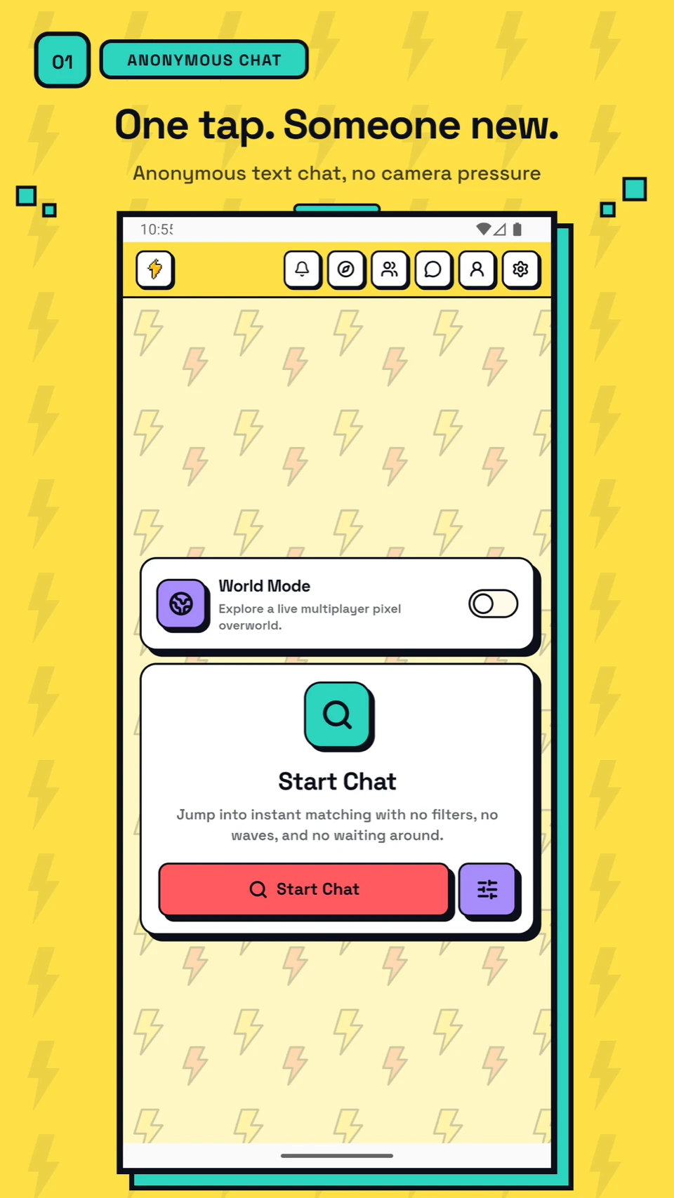 BuzzChat anonymous chat home with one-tap Start Chat and World Mode controls.