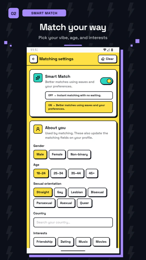 Smart Match settings with matching preferences for age, gender, orientation, country, and interests.