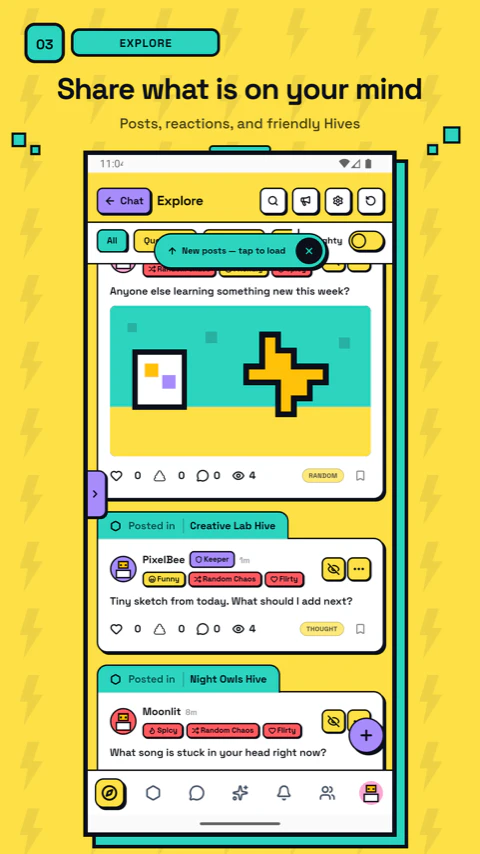 BuzzChat Explore feed with friendly demo posts, reactions, comments, and Hive labels.