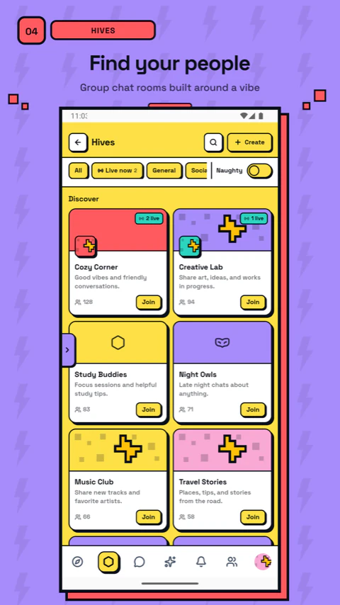 BuzzChat Hives directory with colorful group chat rooms, member counts, and join buttons.