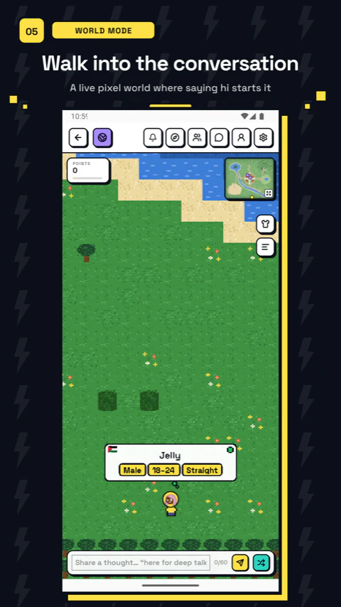 BuzzChat World Mode showing an anonymous pixel character walking through the live town.
