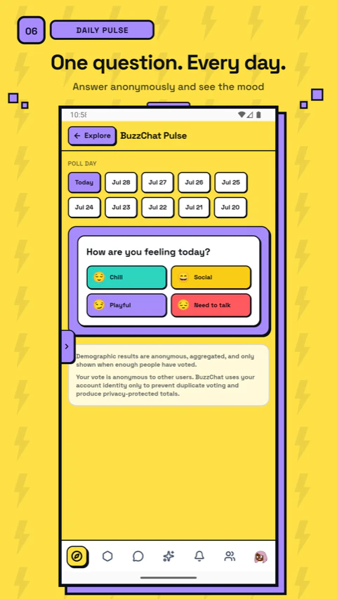 BuzzChat Daily Pulse with the anonymous question, mood choices, and private aggregate results notice.