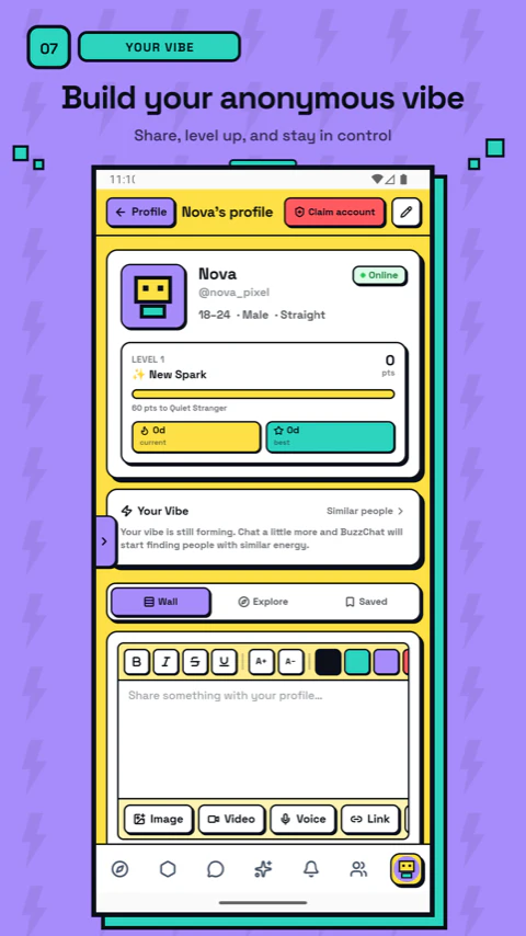 BuzzChat anonymous profile with vibe details, level progress, post composer, and privacy controls.