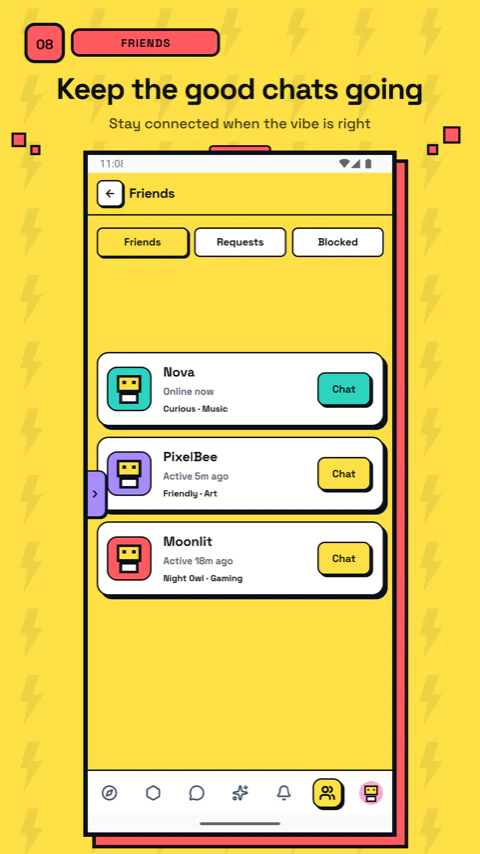 BuzzChat Friends screen with three invented friends and buttons to continue private chats.